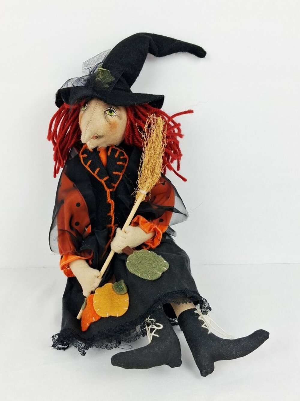 Halloween Witch Doll Red Yarn Hair Black Hat Broom Pumpkin Accents - Delton Prod